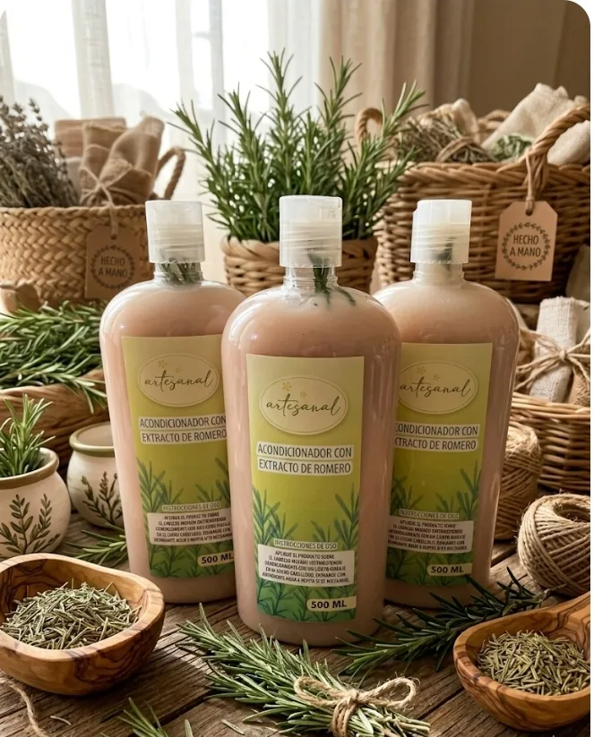 Botellas de shampoo y acondicionador Artesanal con romero